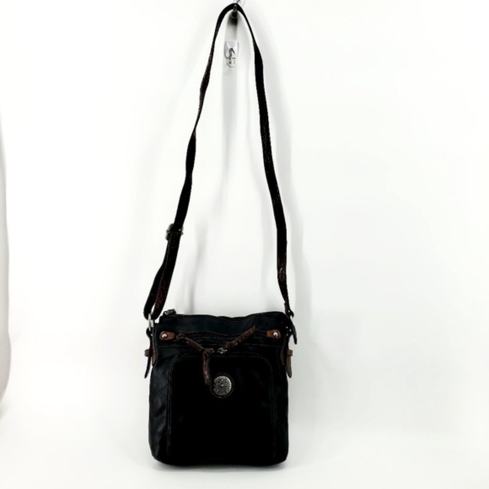 BUENO Women's Crossover Black & Brown Faux Leather Croc Strap Multi Pockets Bag - Picture 2 of 11